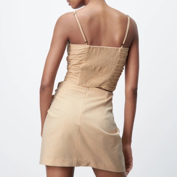 Zara Sz S Draped Pinstripe Asymmetric Skirt w Bow Golden Khaki Sand Zip NWOT - Picture 2 of 6